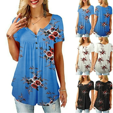 Capri Blouse - Womens Summer Floral V Neck Blouses Loose Baggy Tops Tunic T Shirts Plus Size