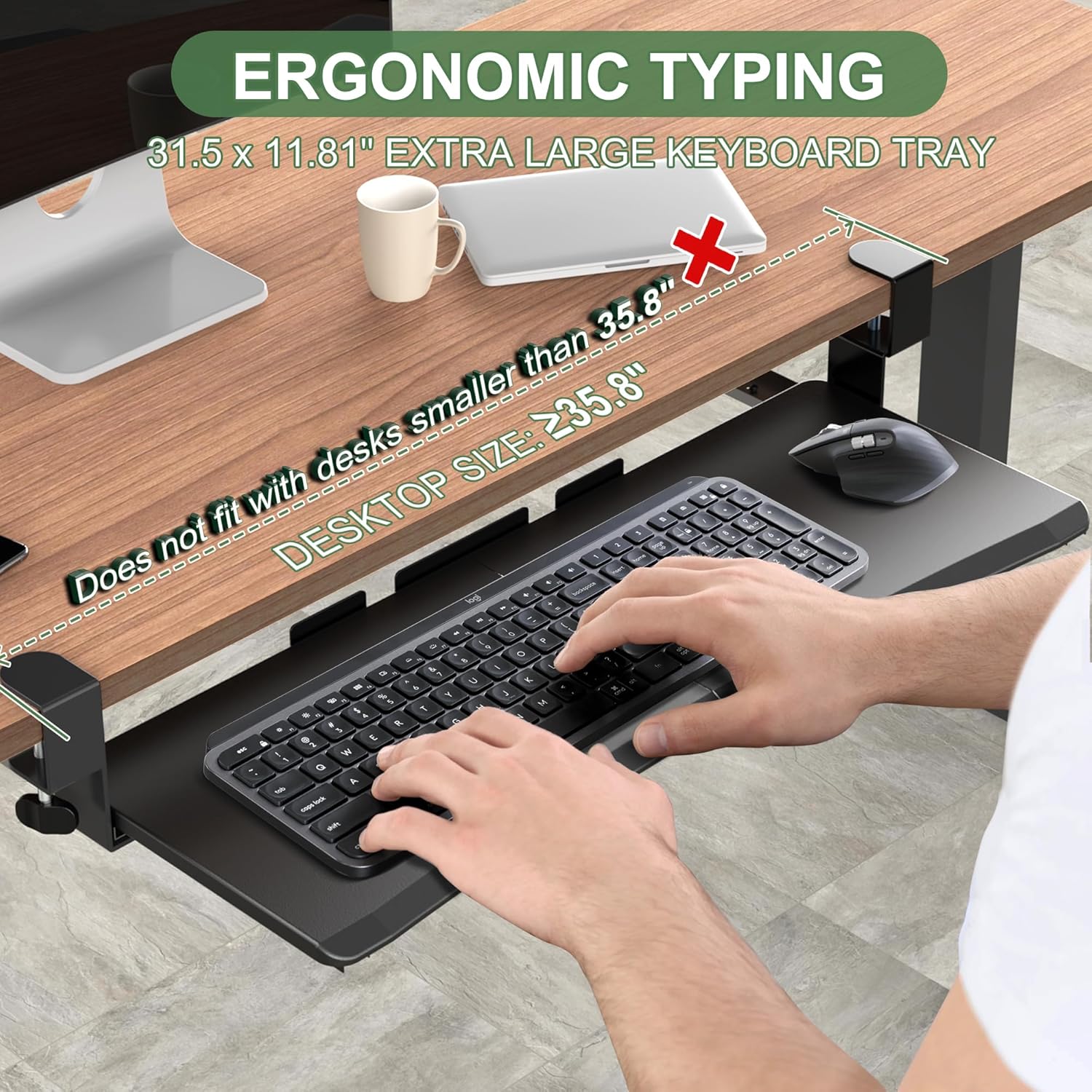Extra Large Keyboard Tray Under Desk - Slide Out with Sturdy C-Clip Mount System, 31.5" (35.8" Including Clamps) x 11.8" Put-Out Keyboard Tray Computer Drawer for Ergonomic Typing