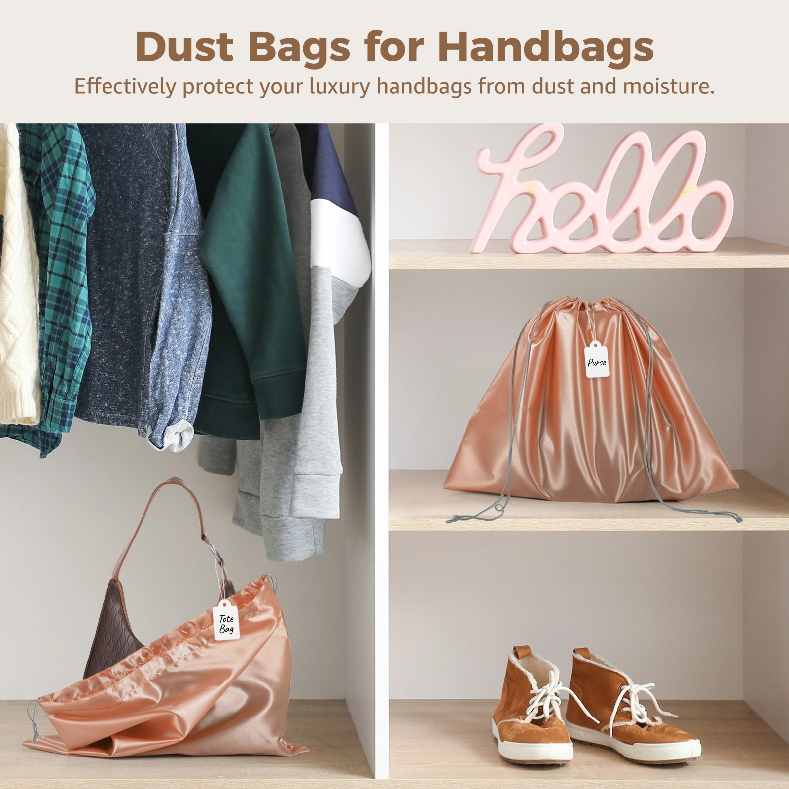 20 Pcs Dust Bags for Handbags, Dustproof Travel Storage Pouches with Drawstrings, Breathable Silk Cloth Purse Bags with Blank Label Tags for Handbags, Shoes, Boots, 19.7×15.7", Pink