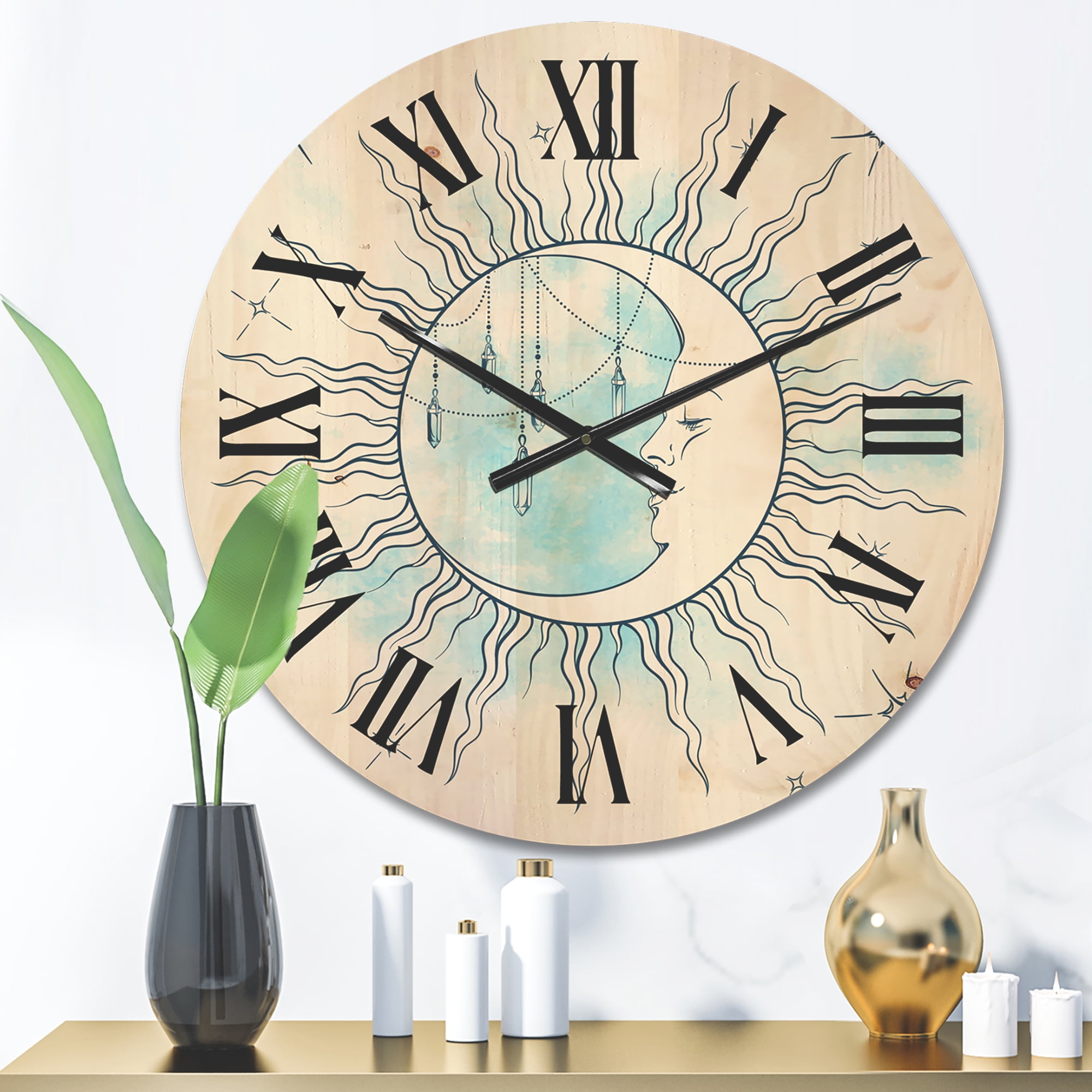 Designart 'Blue Crescent Moon With Stars and Moonstone Pendants' Bohemian & Eclectic Wood Wall Clock