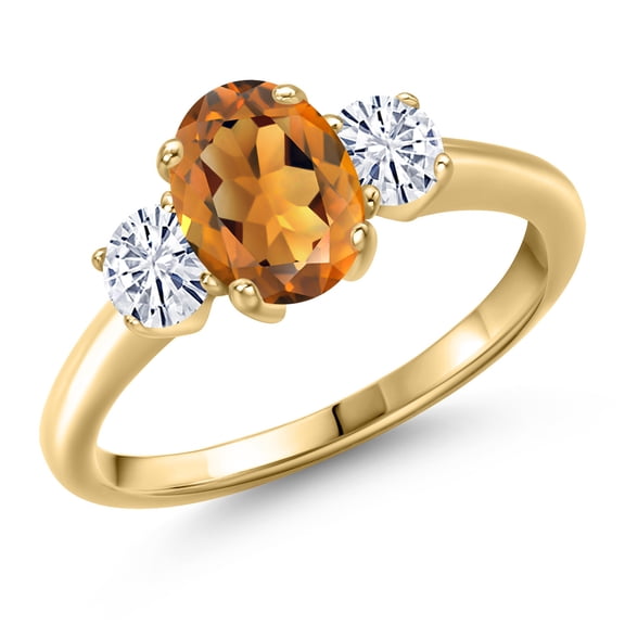 Gem Stone King 10K Yellow Gold Orange Red Madeira Citrine and White Moissanite Engagement Ring for Women | 1.56 Cttw | Oval 8X6MM | Gemstone November Birthstone | Size 8