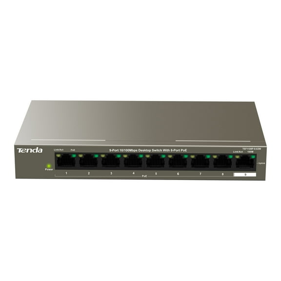 Tenda TEF1109P-8-63W - Switch - unmanaged - 8 x 10/100 (PoE )   1 x 10/100 - desktop - PoE  (58 W)