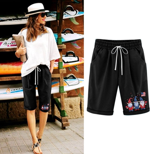 Puntoco Pantalones cortos de algodón para mujer, estampados, cintura elástica, para uso informal, con bolsillos informales, pantalones cortos de media pierna