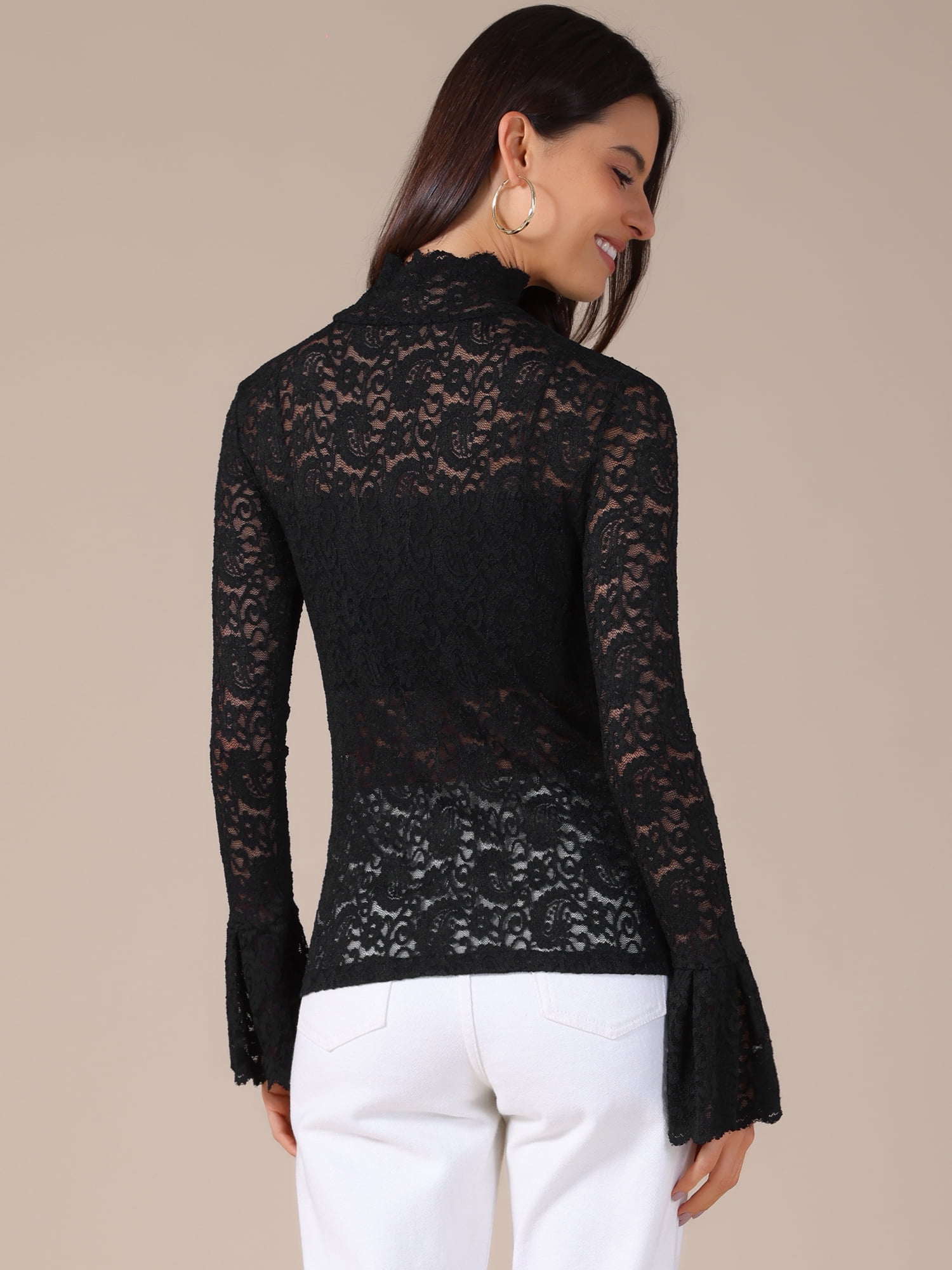DARING DIVA Women's Lace High Neck Bell Long Sleeve Sheer Mesh Blouses XL Black