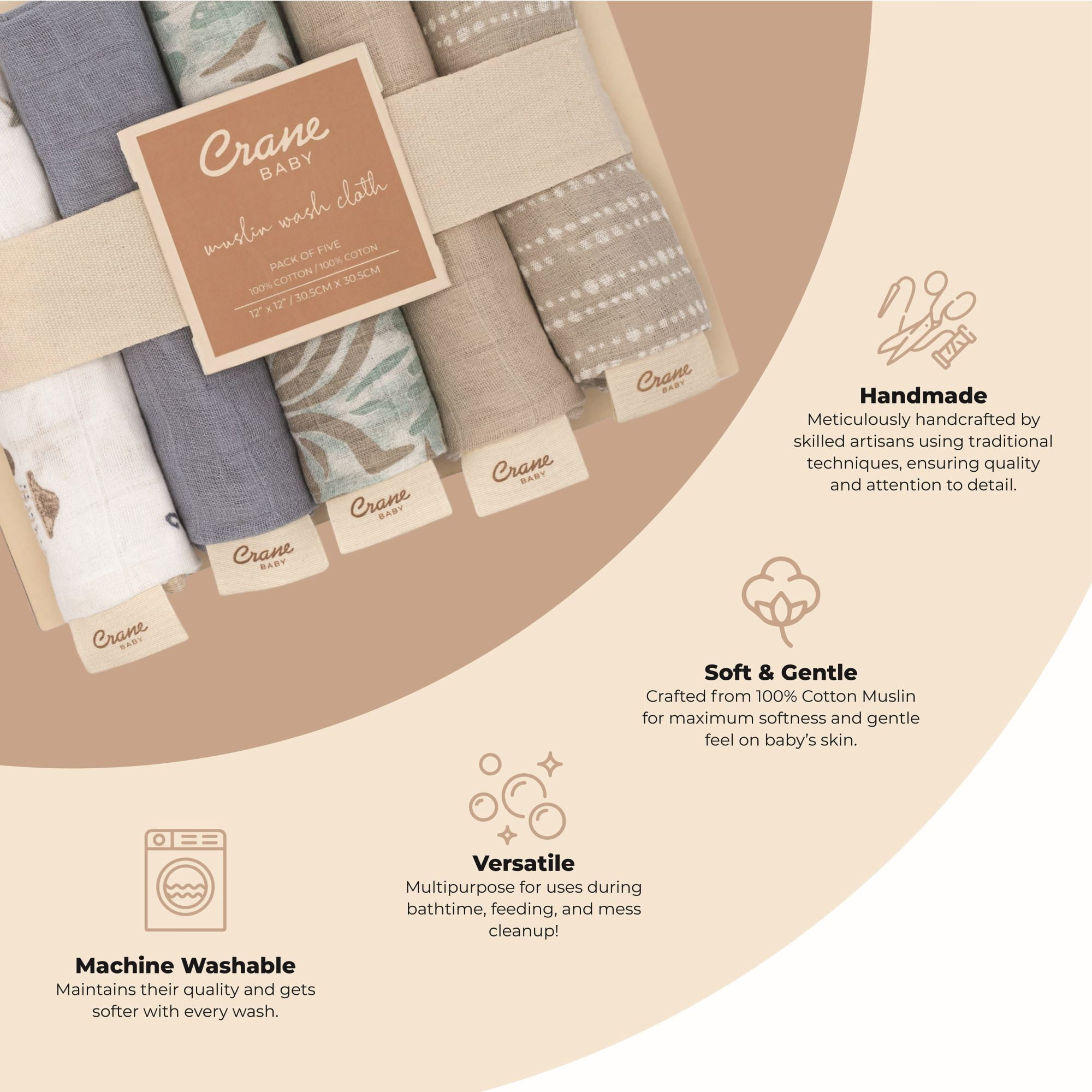 Crane Baby Wash Cloth Set, 100% Cotton Baby Washcloths, Set of 5 Baby Washcloths, Sea Life Starfish Theme, Baby Washcloths For Newborn, Muslin Baby Washcloths, Newborn Baby Gift, Baby Registry Gift