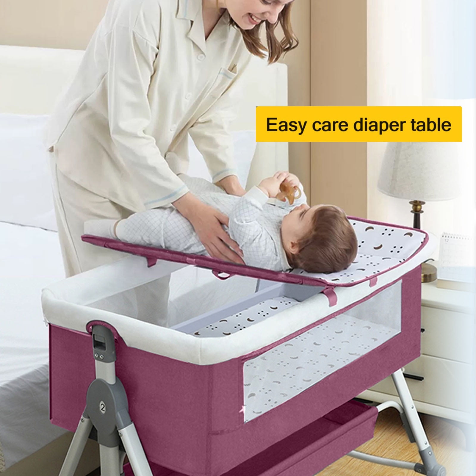 EONROACOO Foldable Baby Bassinet with Changing Table, Adjustable Bedside Crib for Infant, Pink