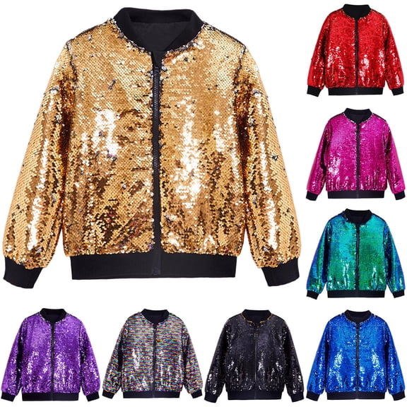 OGLCCG Girls Sequin Jacket Sparkly Glitter Bomber Jacket Kids Fashion Zipper Bright Colors Coat Long Sleeve Jackets,Size 10,Black