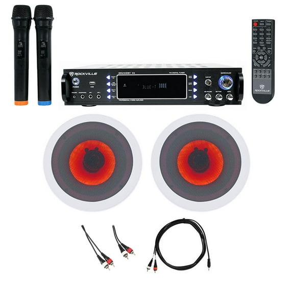 Rockville Bluetooth Karaoke Amplifier Receiver 2) 6.5" LED Ceiling Speakers Mics