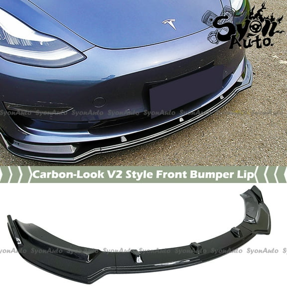 FITS 2017-2024 TESLA MODEL 3 CARBON LOOK 3PC V2 STYLE FRONT BUMPER LIP SPLITTER