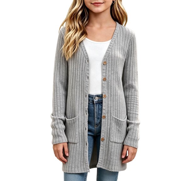 Sevevn Girls Long Ribbed Knit Cardigan V‑Neck Button Down Open Front Sweater Coat with Pockets