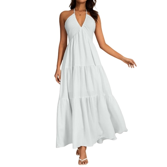 Misright Women's backless dress, V-neck long dress, A-line high-waisted dress