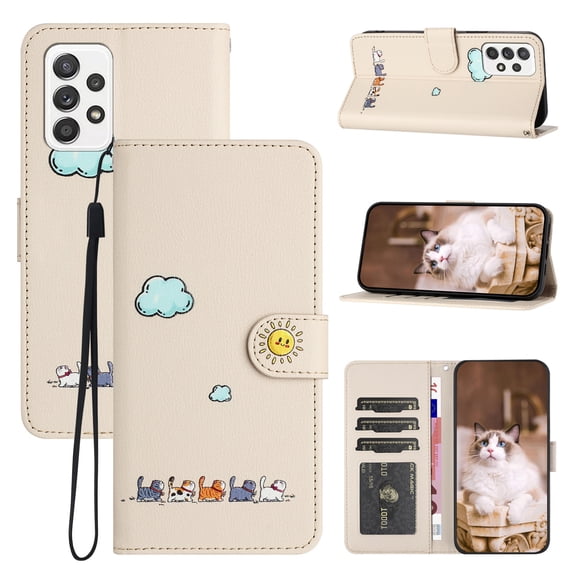 for Samsung Galaxy A53 5G Lovely Cartoon Pattern Wallet Flip PU Leather Case, with Wrist Strap / Credit Card Slots / Photo Slot / Cash Pocket Kickstand Cute Phone Cover for Galaxy A53 5G, Beige