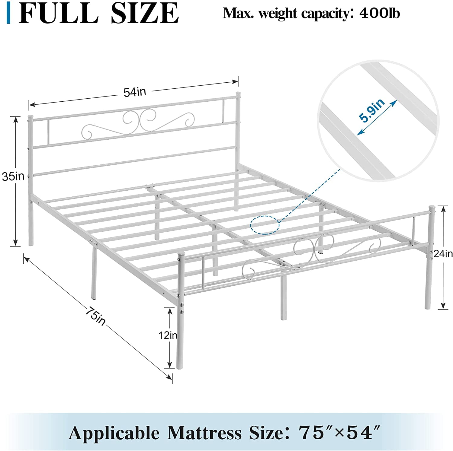 VECELO Full Size Bed Frame with Headboard, Metal Platform Bed Frame/Mattress Foundation, No Box Spring Needed, Easy Assembly, White