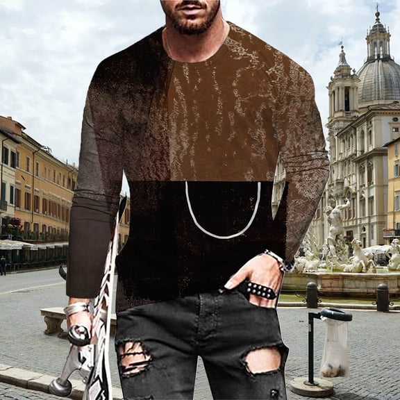 pxiakgy shirts for men neck 3d sleeve street men's digital printing top t-shirt casual round long men's blousemen's dress shirts brown l