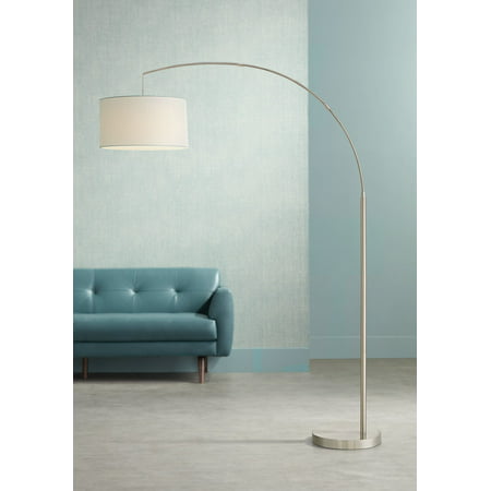 360 Lighting Modern Arc Floor Lamp Brushed Steel Off White Linen Drum Shade for Living Room Reading Bedroom