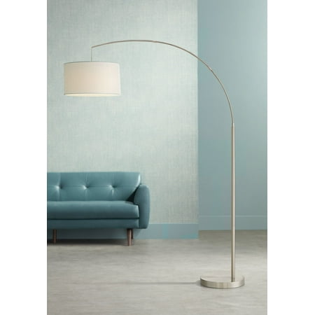 360 Lighting Modern Arc Floor Lamp Brushed Steel Off White Linen Drum Shade for Living Room Reading Bedroom