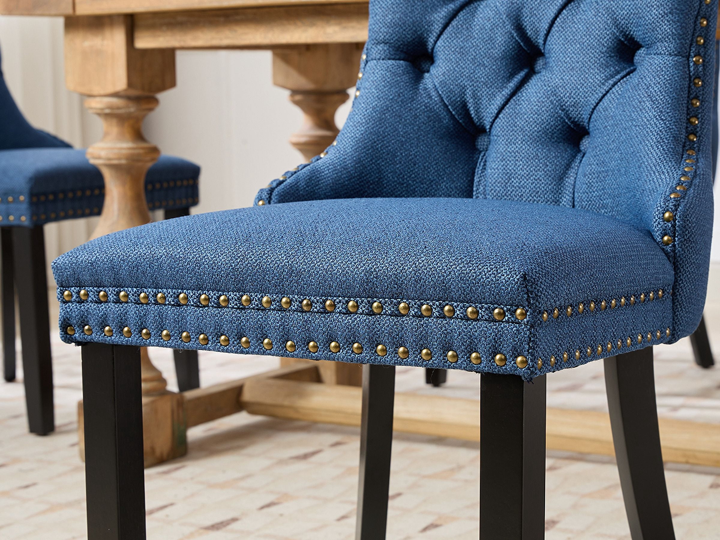 Linen Upholstered Dining Chairs Set of 6, Navy Mid Century Modern Dining Chairs, Kitchen & Dining Room Chairs with Wood Legs, Sillas de Comedor (Blue, 6 Pcs)