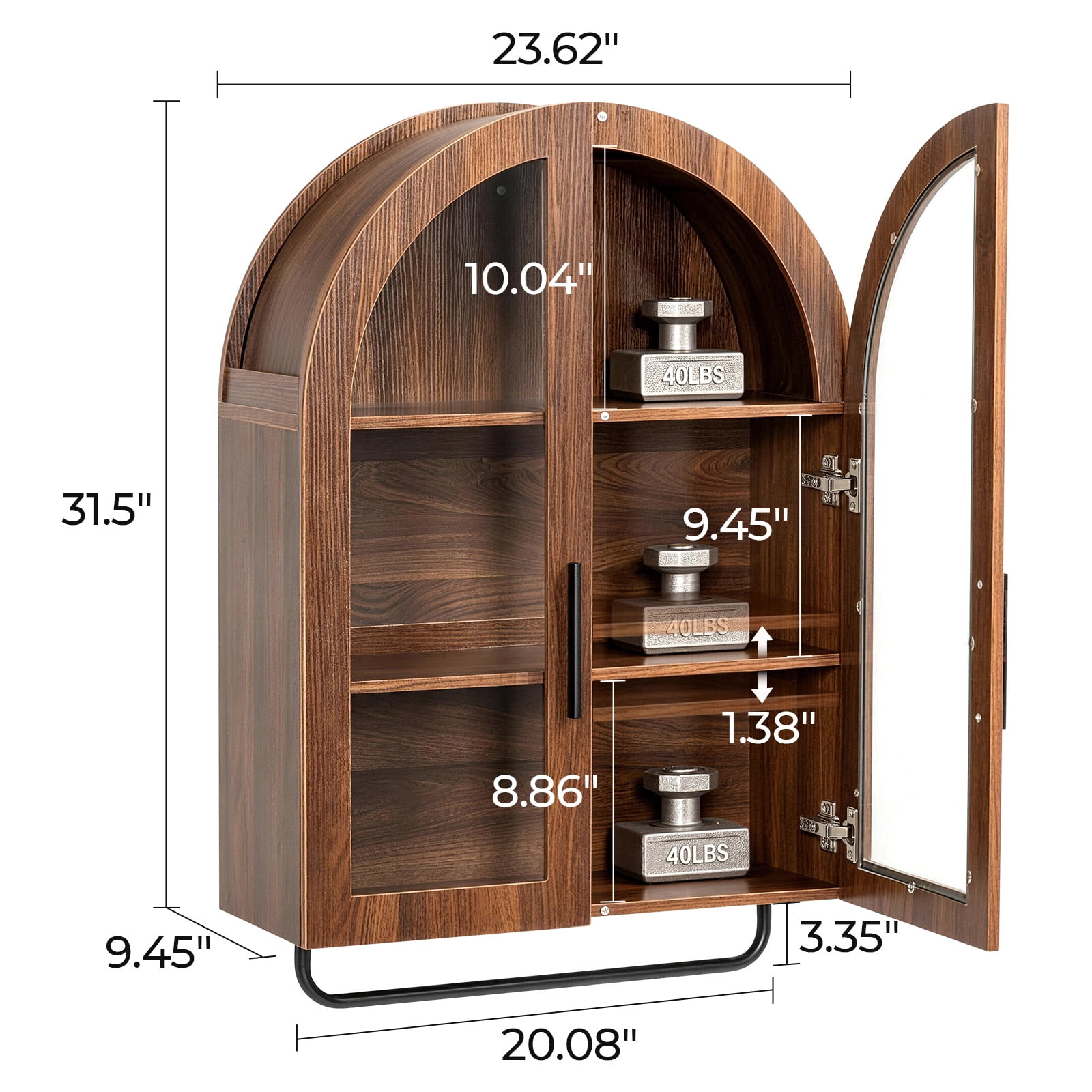 Arched Ceiling 2 Glass Doors 3 Shelves Bathroom Vanity MDF Melamine-Faced Bathroom Vanity with Towel Bar, Walnut 23.62*9.45*31.5in