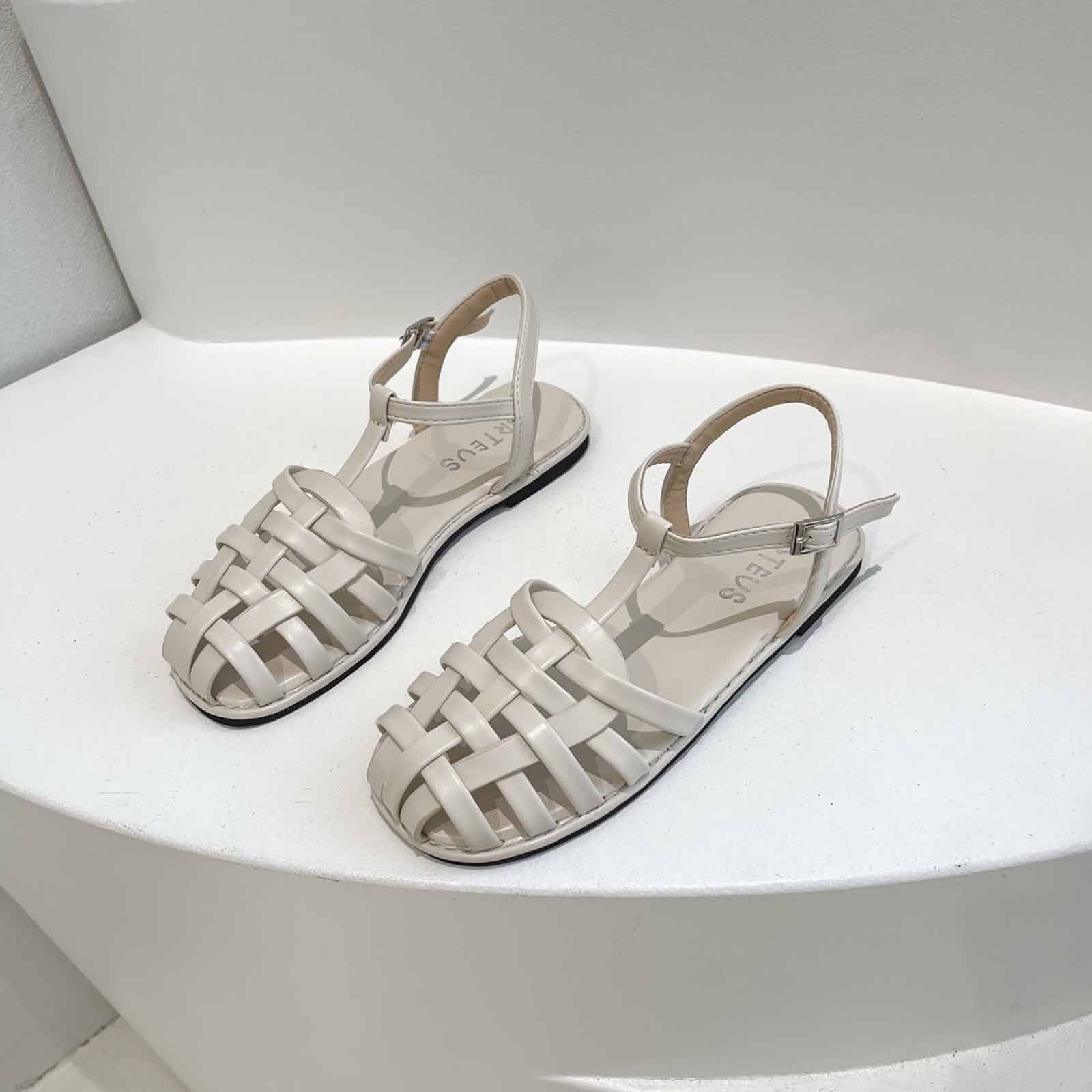 ★AIchaaanshop★ JeashCHAT Women's T-Strap Closed Toe Flat Sandals