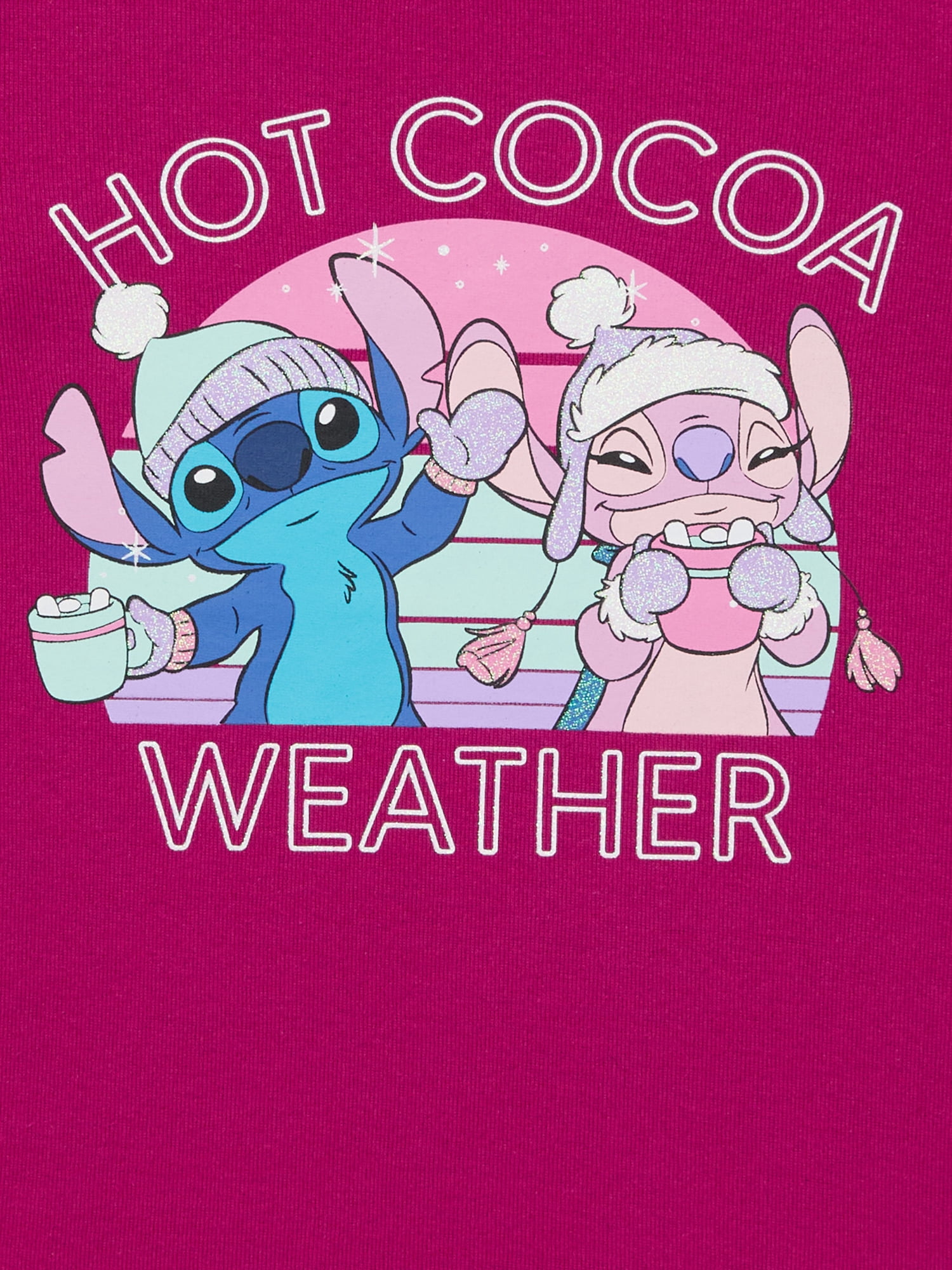 Disney Stitch and Angel Hot Cocoa Weather Girls Long Sleeve Glitter Rib Tee, Sizes 4-16