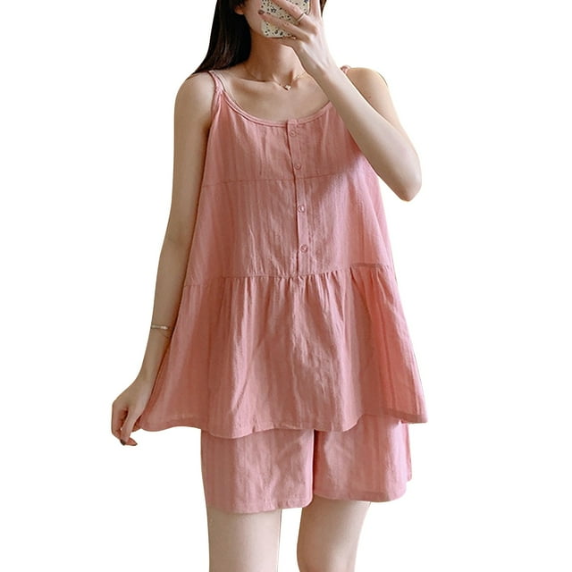 Mujeres camisola pijama set verano lindo suelta sin mangas botón Top Pantalones cortos 2 unidades ropa de dormir loungewear