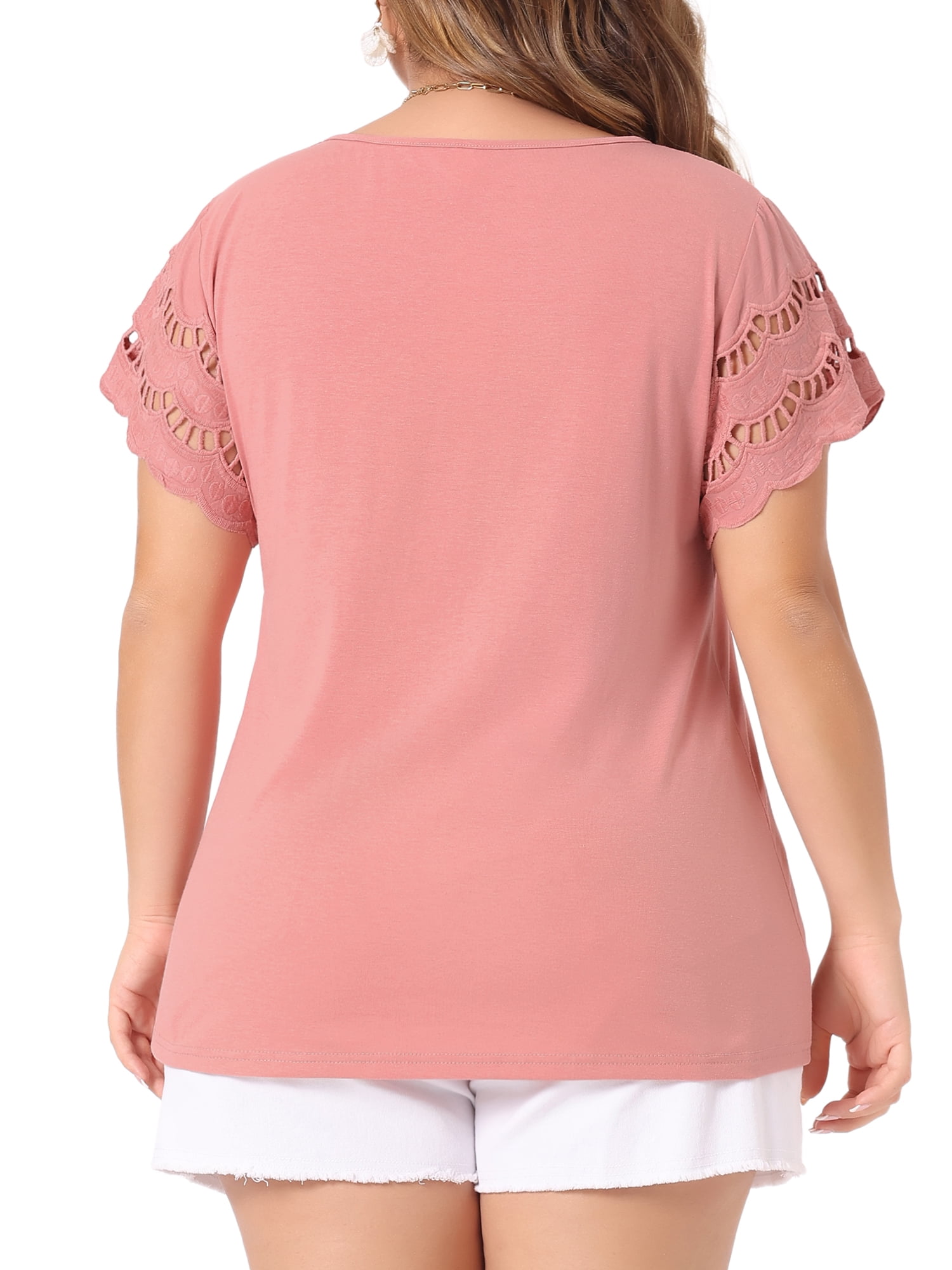 DARING DIVA Women's Plus Size Round Neck Lace Panel Blouses 2X Pink