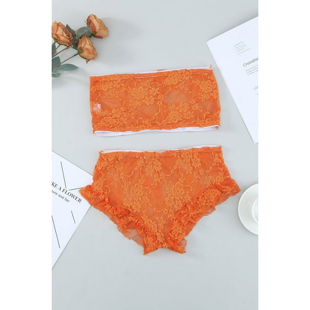 POGLIP Women's Orange Lace Mesh Print Tube See Through Sleeveless Lingerie  Set 