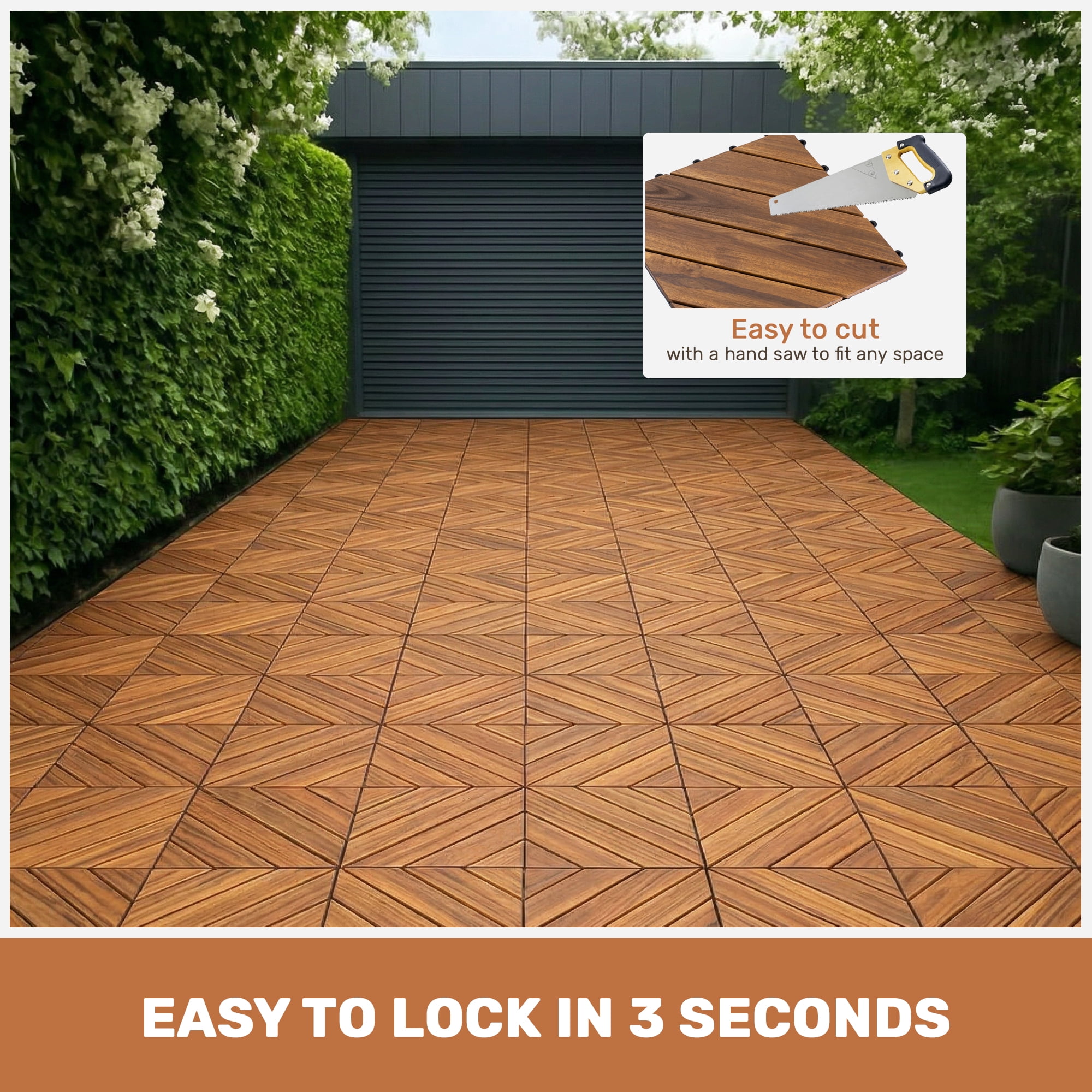 10‑Pack Diagonal Pattern Interlocking Acacia Wood Deck Tiles, 12”×12” Waterproof All‑Weather Outdoor Flooring Tiles for Patio Garden Pool Balcony Porch