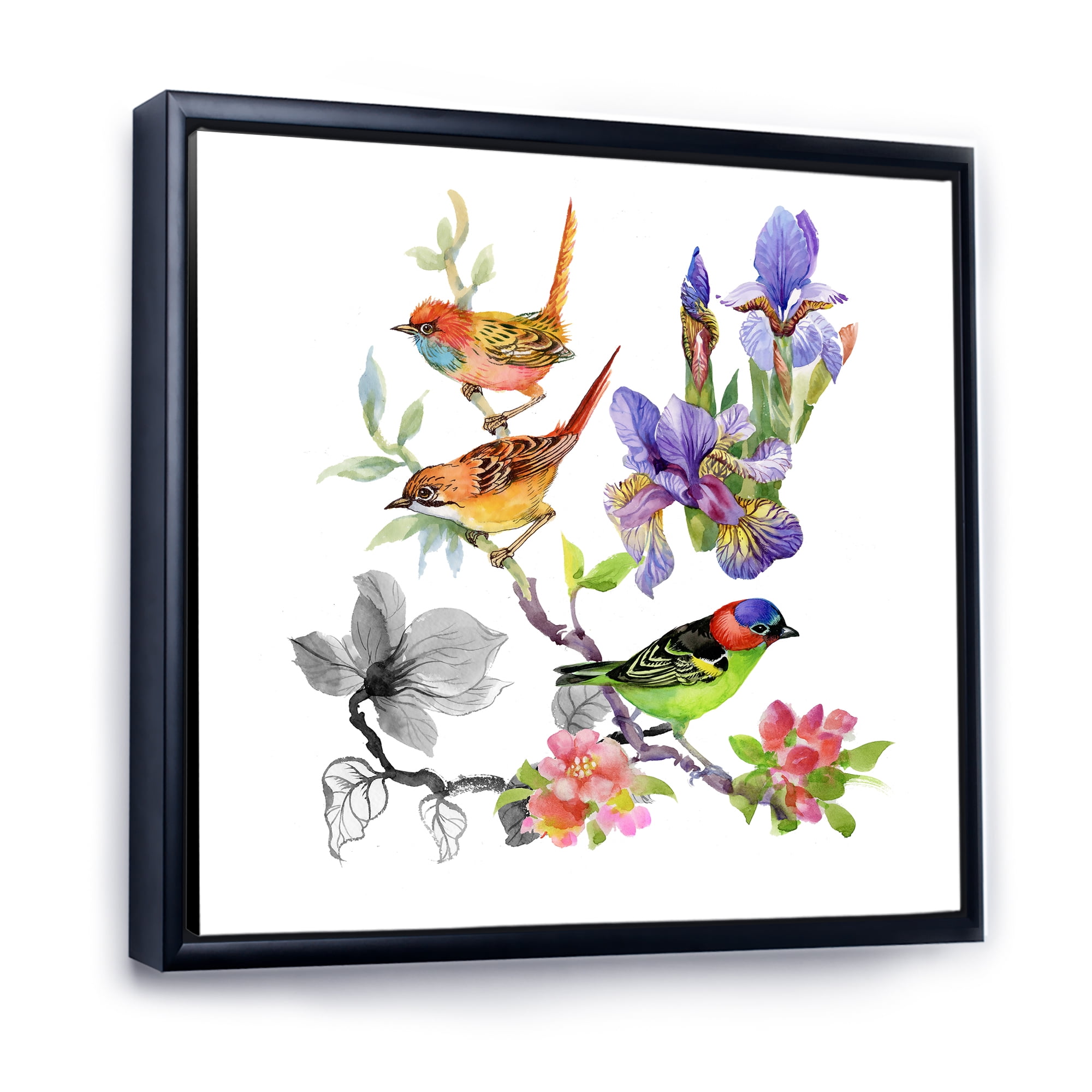 Colourful Birds and Tropical Flowers I 36 in x 36 in Framed Painting Canvas Art Print, by Designart