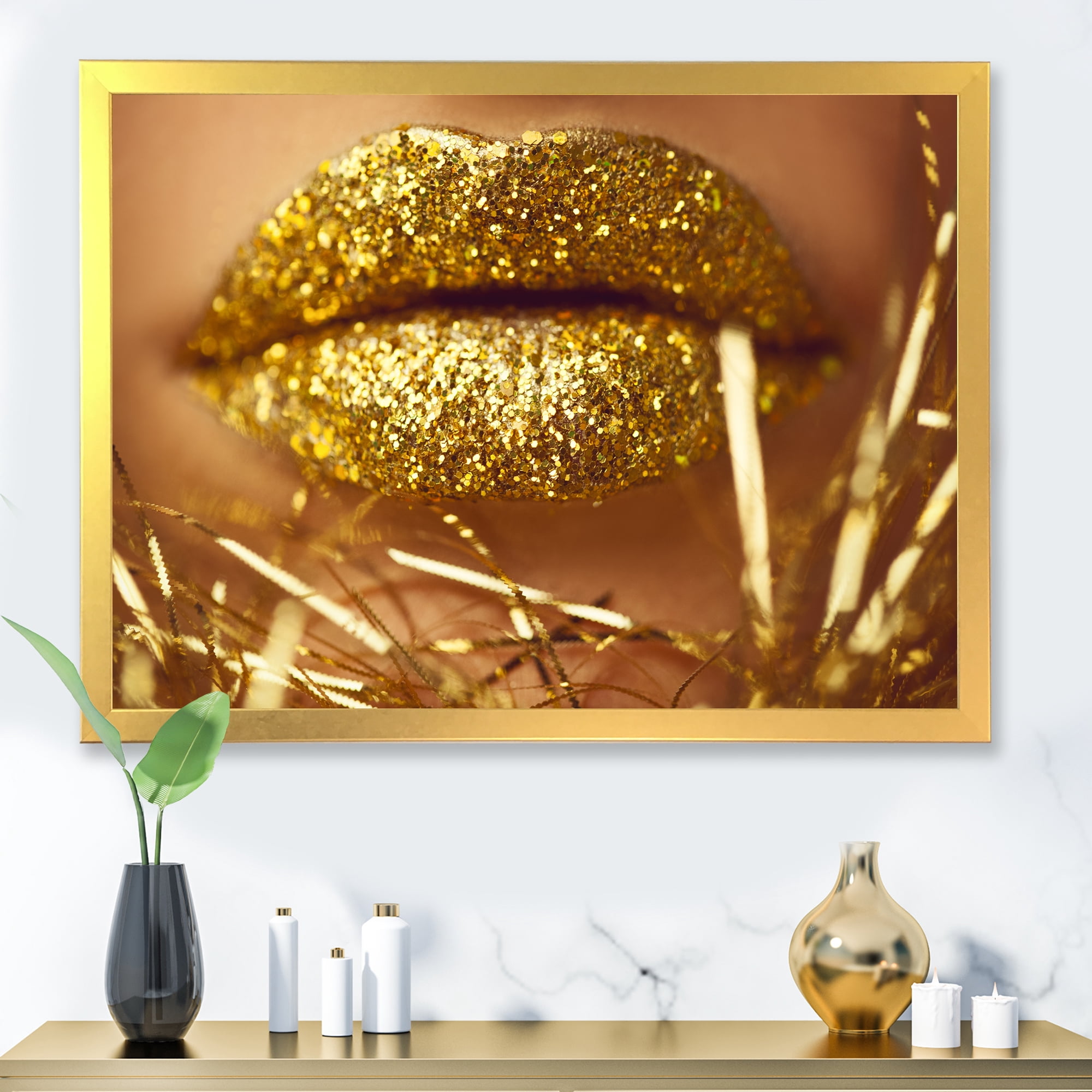 Designart 'Golden Female Lips' Modern Framed Art Print