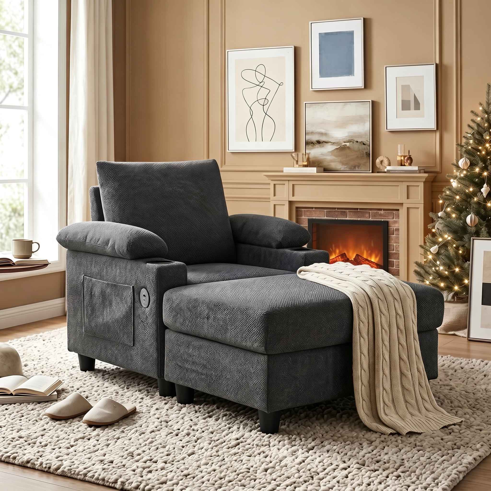 Aukfa Accent Chair with Storage Ottoman & Cup Holders, Convertible Sleeper Recliner Lounge Chair with Adjustable Backrest, USB-C Port & Side Pocket, Dark Gray