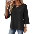 thumbnail image 2 of Tusihei Women V Neck 3/4 Sleeve Casual Tops Loose Fit Boho Pullover Tee Solid Basic Comfy Summer Fall Outfits Beach Blouse, Black M, 2 of 8