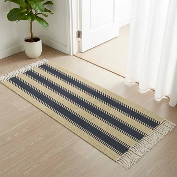 Navy Blue Beige Striped Boho Hallway Runner Rug 2x4ft, Kitchen Runner Rug Tassel Rugs, Modern Minimalism Area Rugs Floor Carpet for Living Room Bedroom Entryway