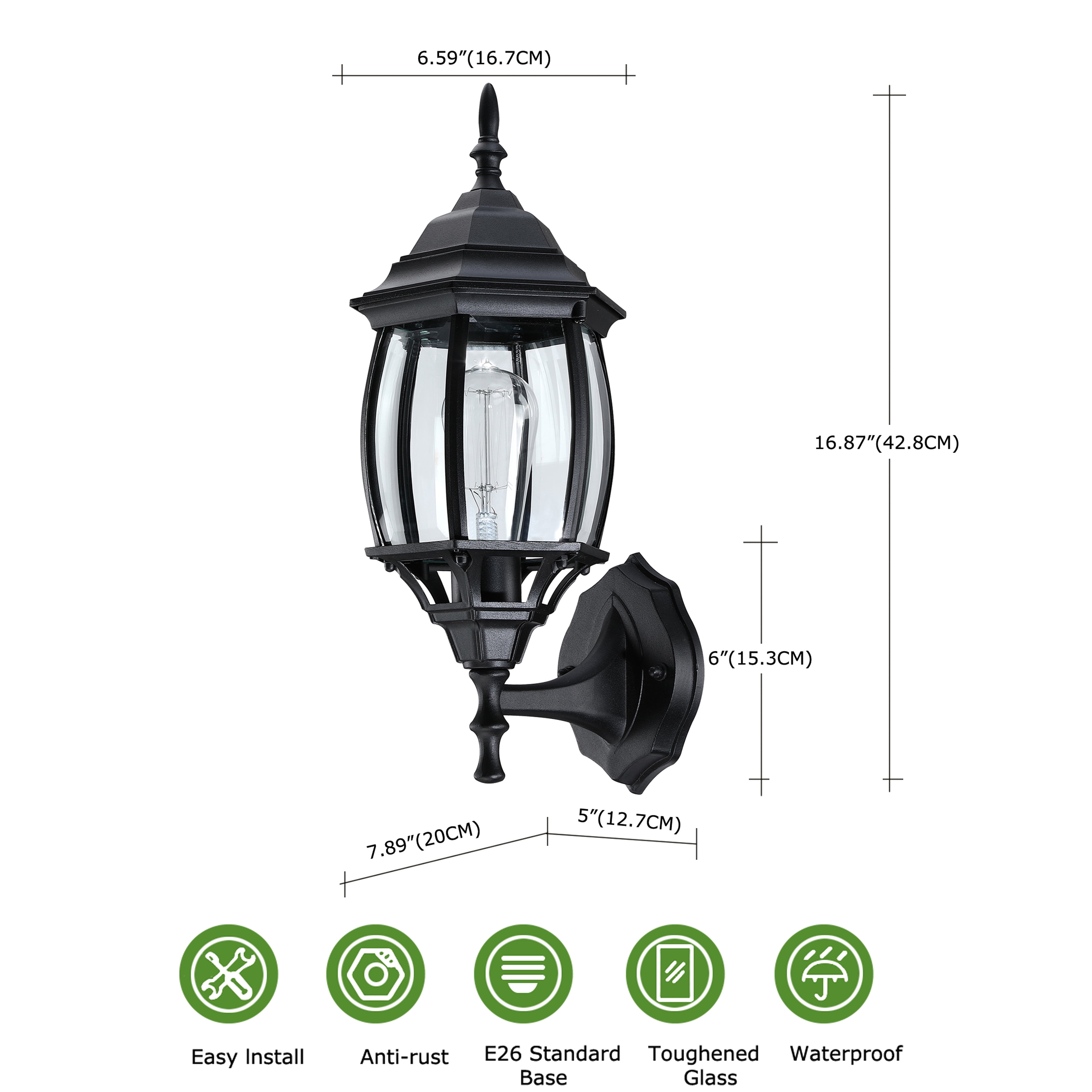 16.85" Black Outdoor Porch Light Fixture Wall Mount Outdoor Wall Light for House, Garage, Hallway E26 Base