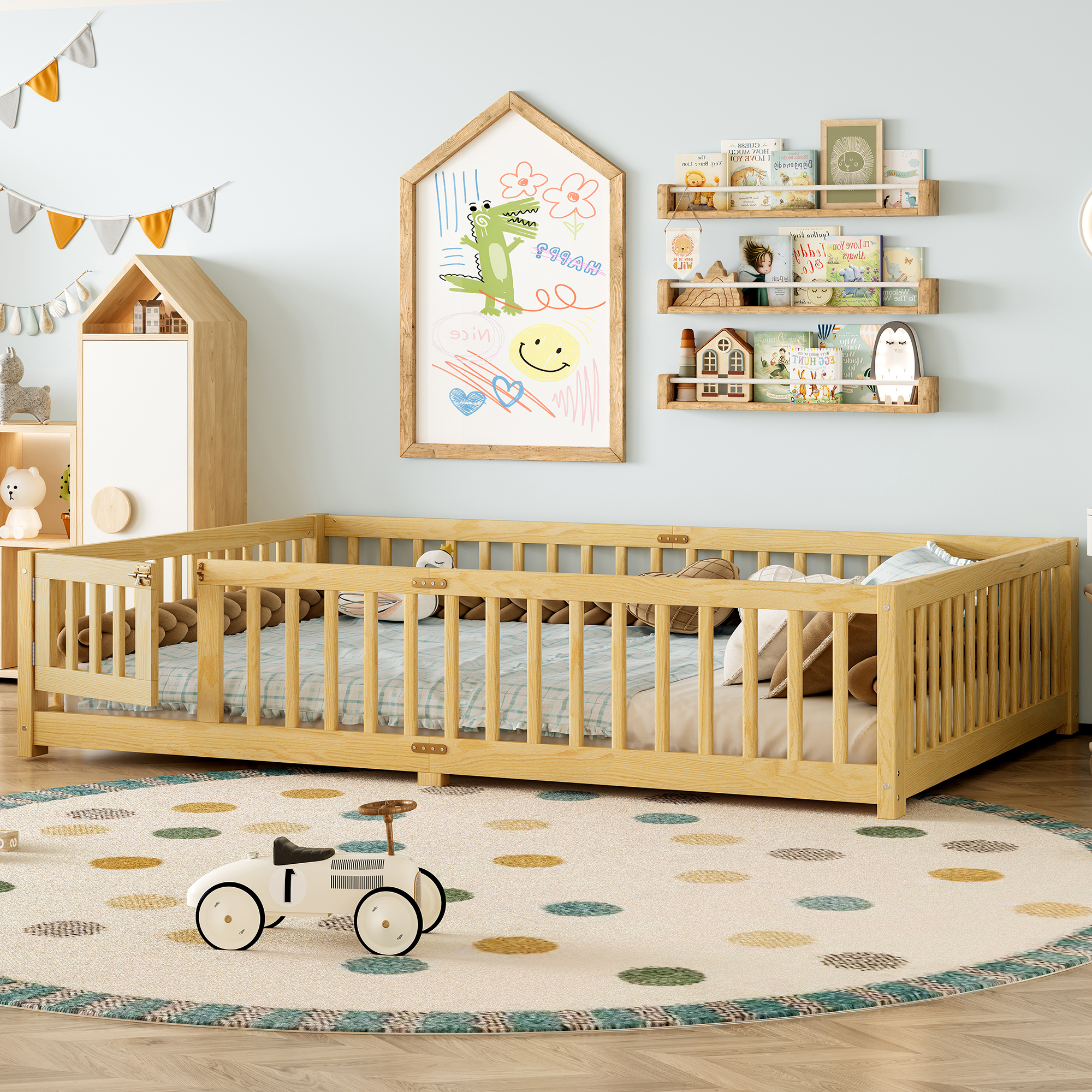 Jopath Queen Size Floor Bed Frame,Montessori Bed with Guardrails and Door,with Slatted Base,for Kids,Boys,Girls,Natural