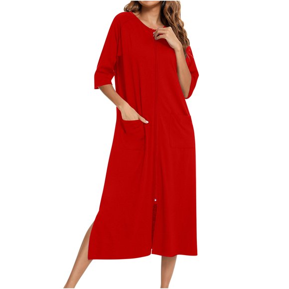 CFLVAEK Robes à Manches 3/4 pour Femmes 2025 Légers avec Fermeture Éclair Peignoirs de Maison avec Poches Douillets Longueur Genou Chemises de Nuit Couleur Unie Fente Latérale Vêtements de Nuit Rouge TG
