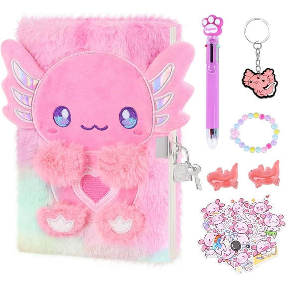 homicozy Axolotl Diary with Lock, Gift for 6 7 8 Year Old Girl, Secret Diary Journal Tie-Dye Fuzzy Notebook with 160 Pages,Cute Stationery Axolotl Gift for Girls