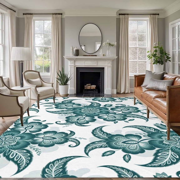 Area Rug for Living Room, Teal Green Flower Non-Slip Indoor Ex Large Carpet for Bedroom/Dining Room, Abstract Vintage Ethnic Floral Washable Low-Profile Rectangle Floor Runner Rugs - 8 x 10 Ft