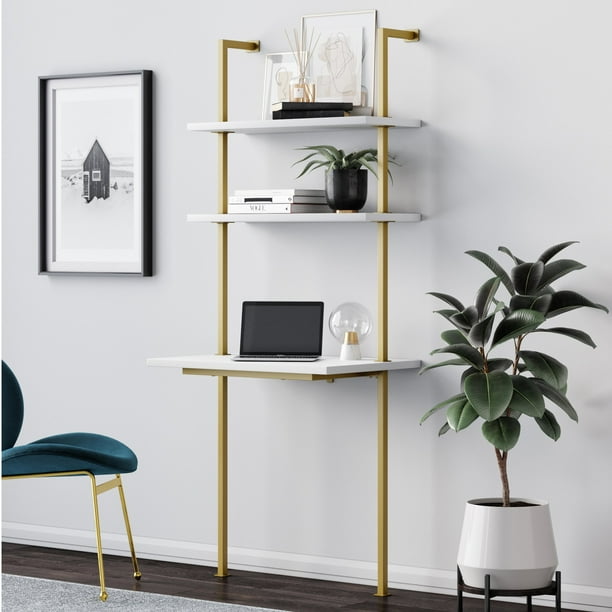 Nathan James Theo 2 Shelf Industrial Wall Mount Ladder Desk Small Computer Or Writing Desk White Gold Brass Walmart Com Walmart Com