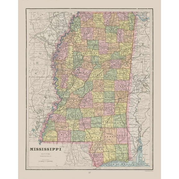 Historic State Map - Mississippi - Cram 1892 - 23 x 28.80 - Vintage Wall Art