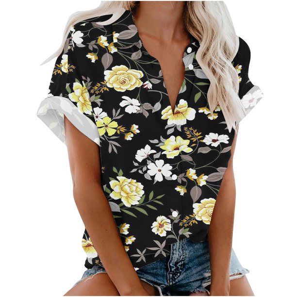 Blusa con estampado floral de manga corta con cuello en V para mujer OAVQHLG3B Store lin121212