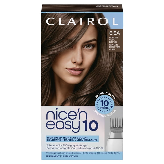 Clairol Nice'n Easy10 Permanent Hair Color Cream, 6.5A Lightest Cool Brown, Hair Dye, 1 Application