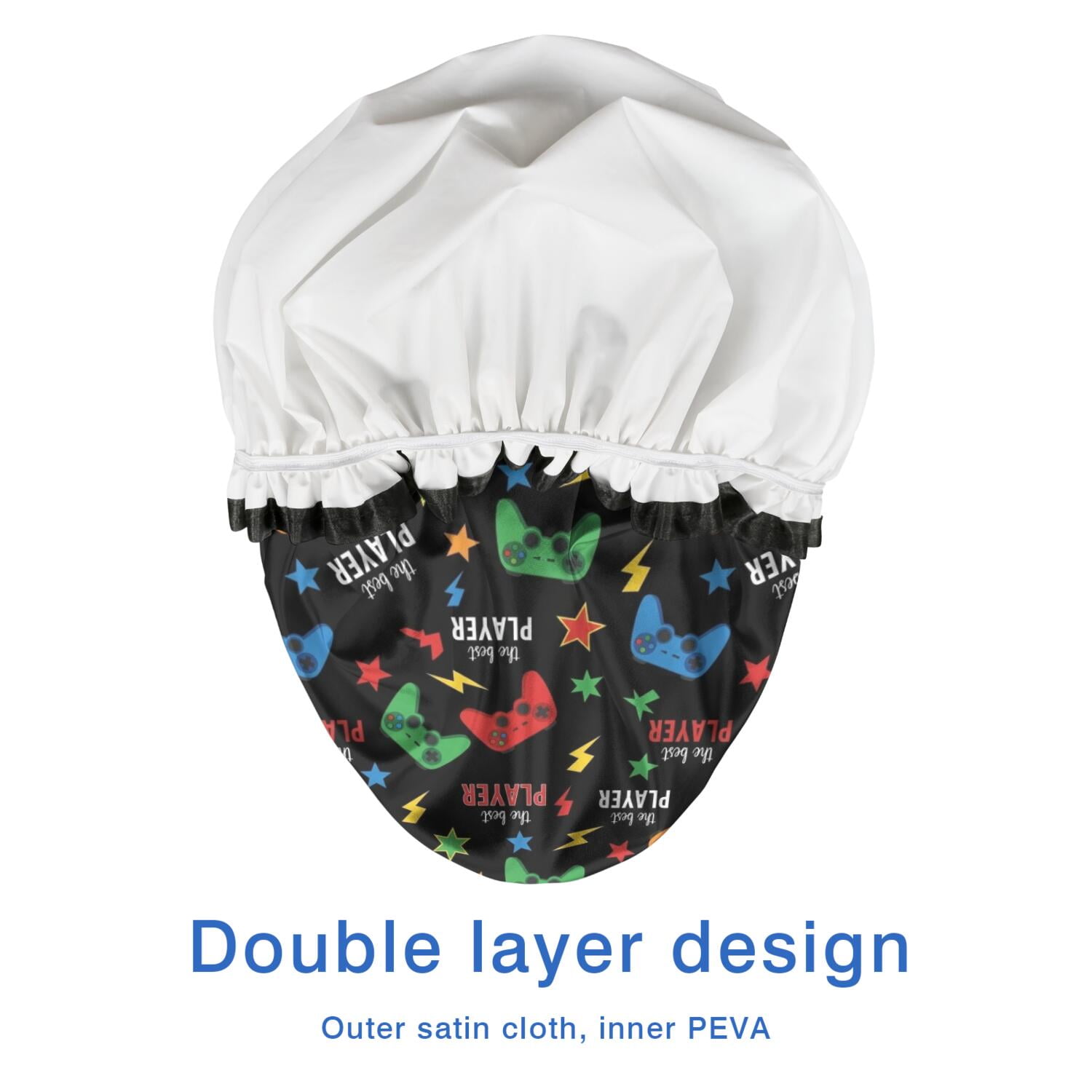 Shower Caps,Multicolor Controllers Games Text Black Pattern Waterproof Shower Cap for Women 4 Pieces,Double Reusable Hair Cover for Shower PEVA Elastic Stretch Hem