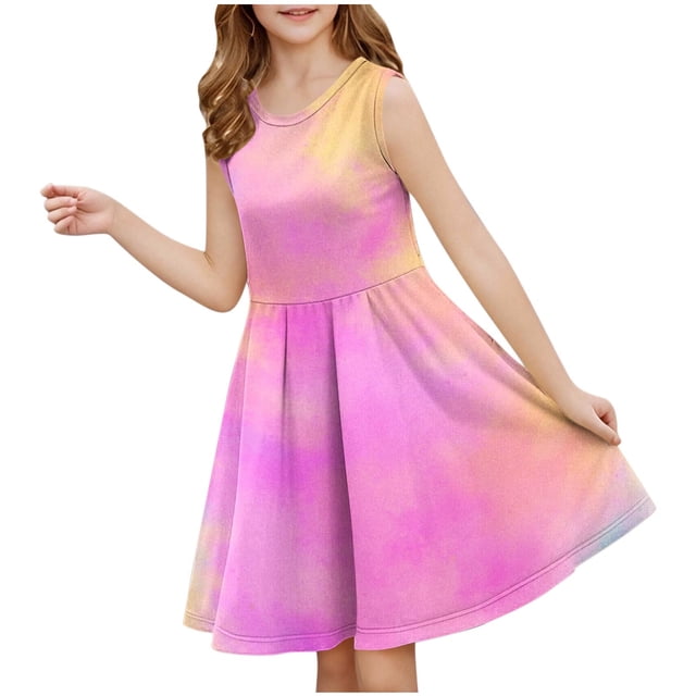WRKEKC Robe d'Été pour Filles, Robe Décontractée pour Filles, Robe Sans Manches Extensible Ligne A Robe de Récital Scolaire Patineuse Manches Courtes Col Rond 9 Ans