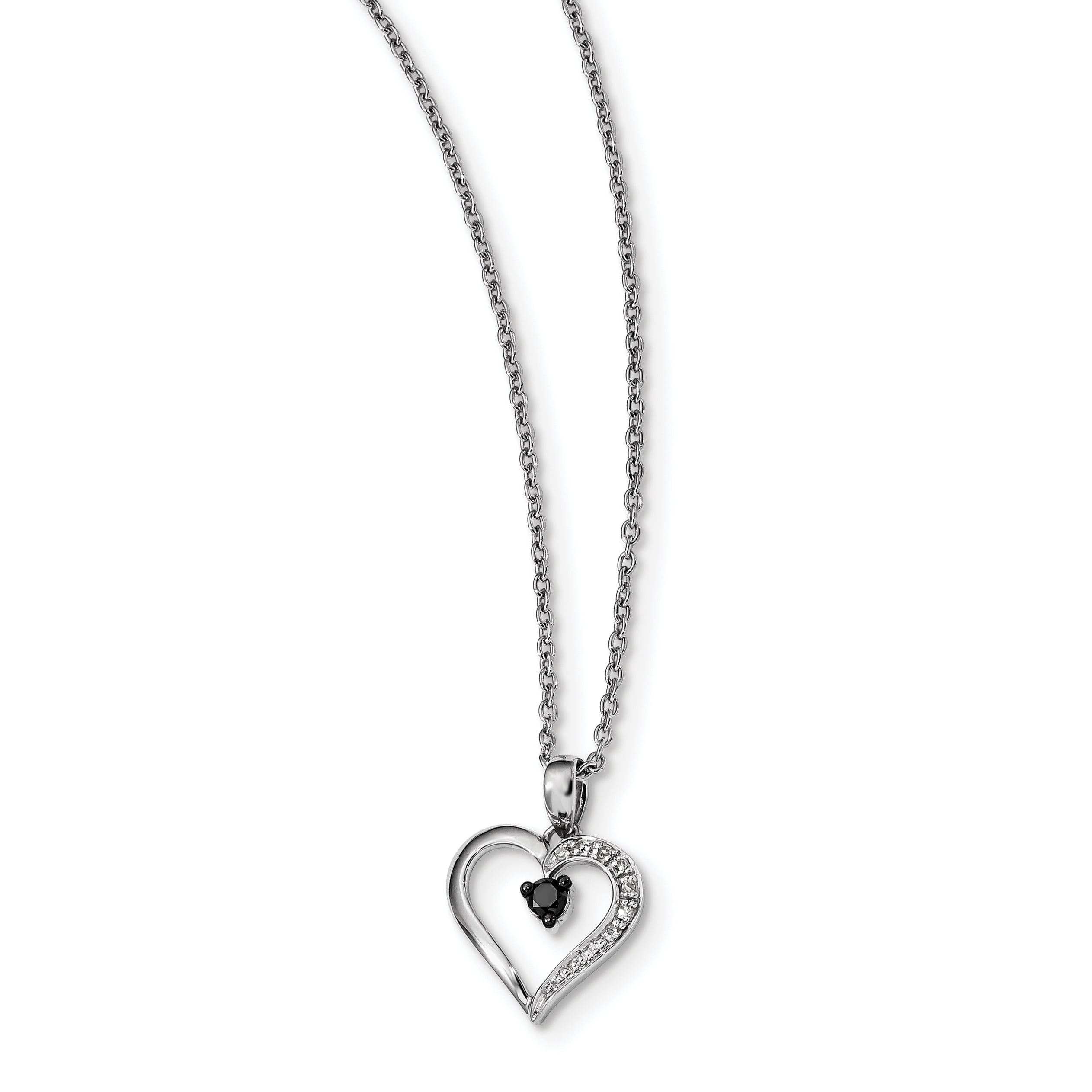 White Night 925 Sterling Silver Black Diamond Heart 18 Inch Chain