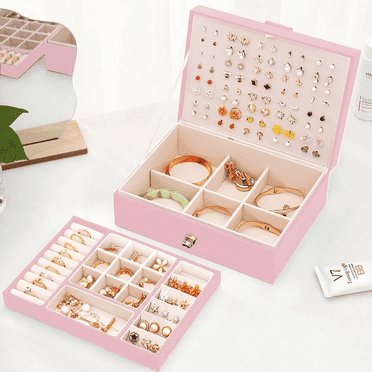 2 Layer Jewelry Organizer, Versatile PU Leather Jewelry Boxes Earring Storage for Women, Pink