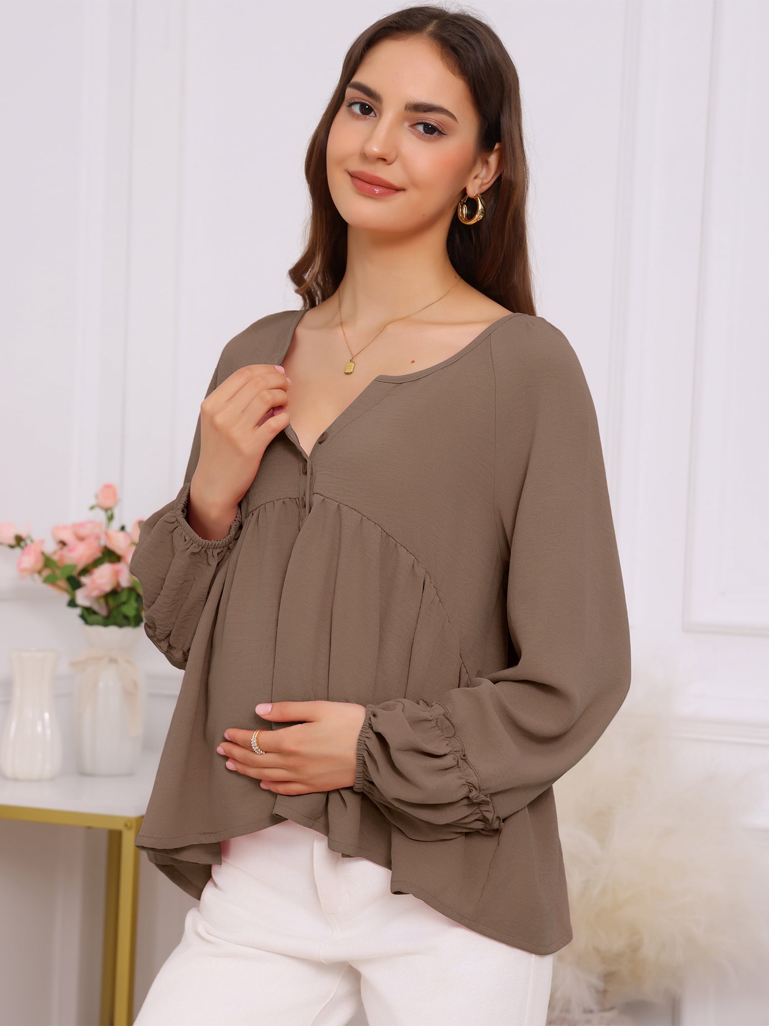 DARING DIVA Women's Maternity Empire Waist Babydoll Lantern Sleeve Blouse 2XL Brown