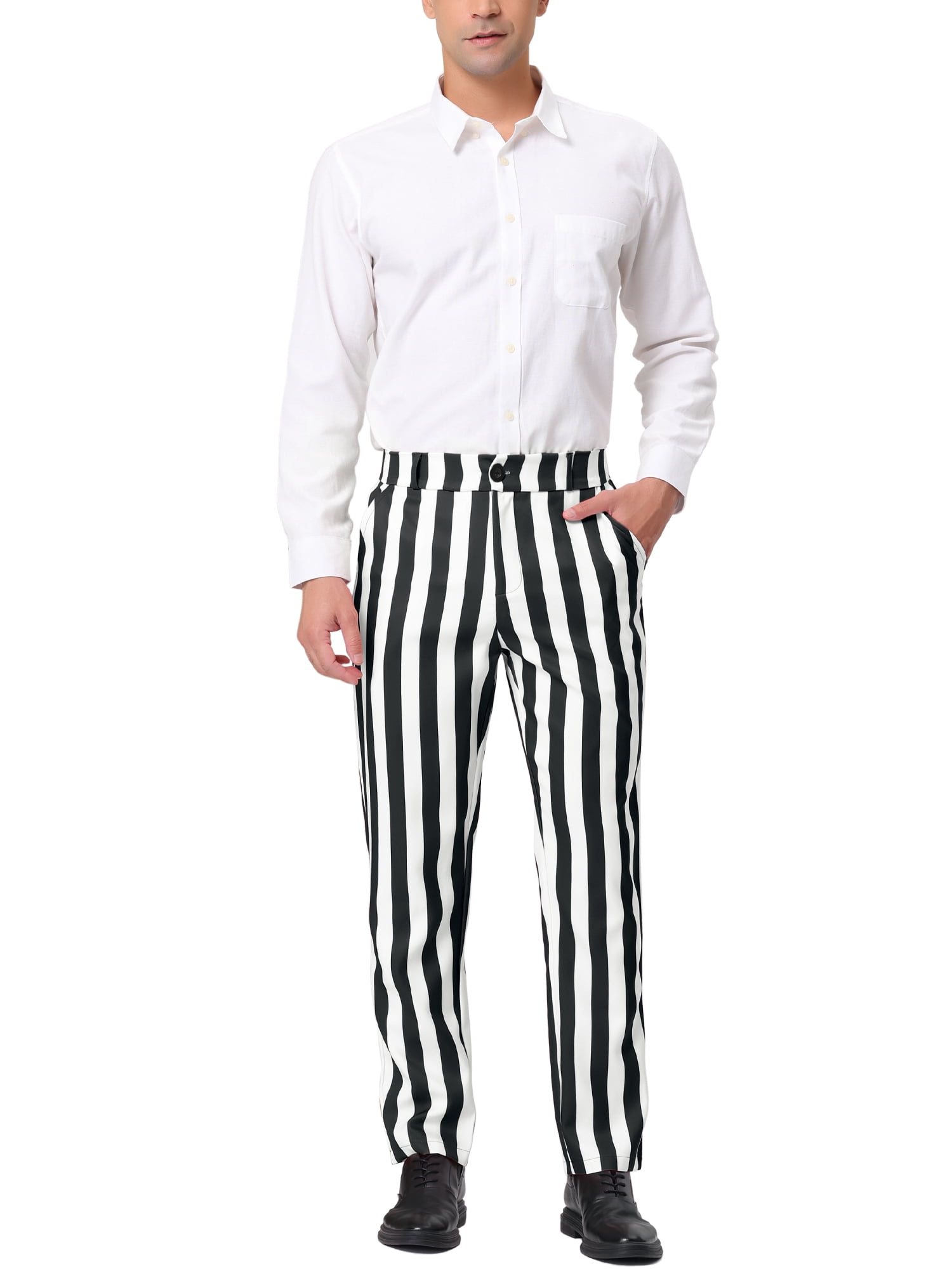 Unique Bargains Men's Striped Pant Classic Fit Flat Front Business Trousers 30 Black White