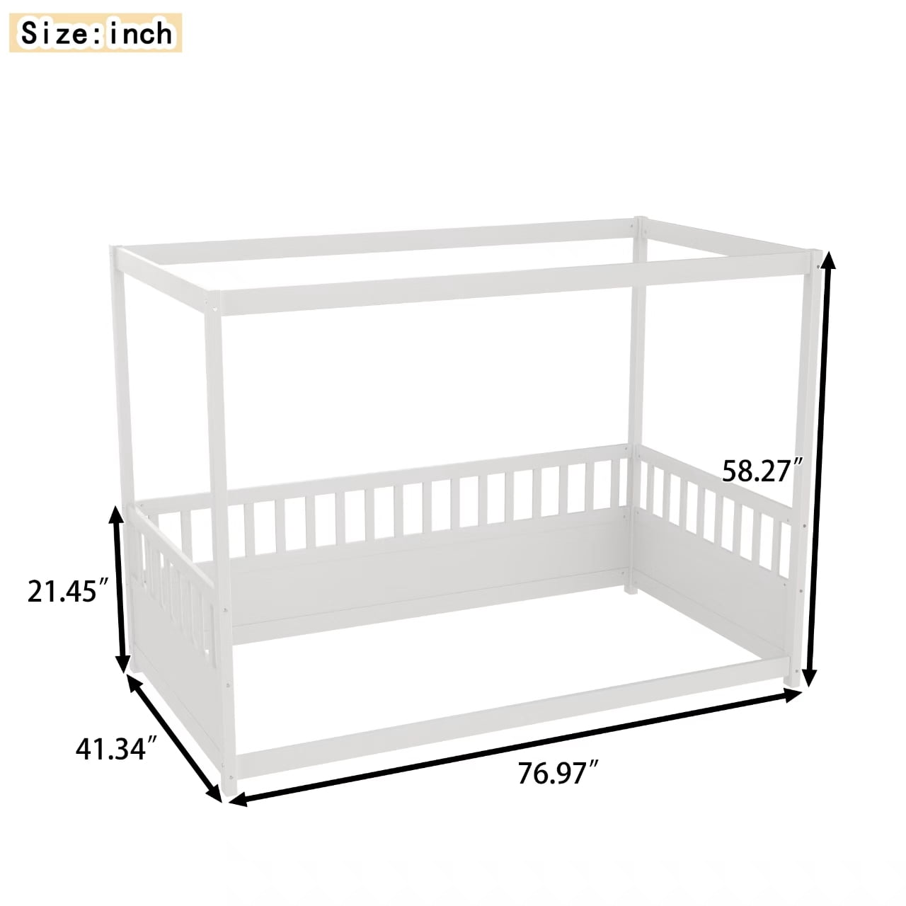 Miniyam Twin Size Canopy Bed with Guardrails for Kids and Teens, White