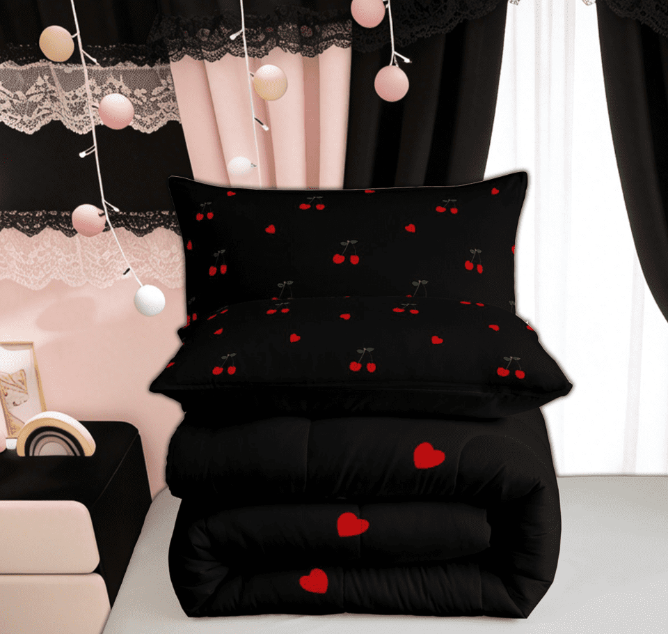 Manfei Kawaii Cute Cherry Full Size Comforter Sets for Kids Girls, Black Red Love Heart Bedding Comforter Set, Black Reversibles, 3pcs
